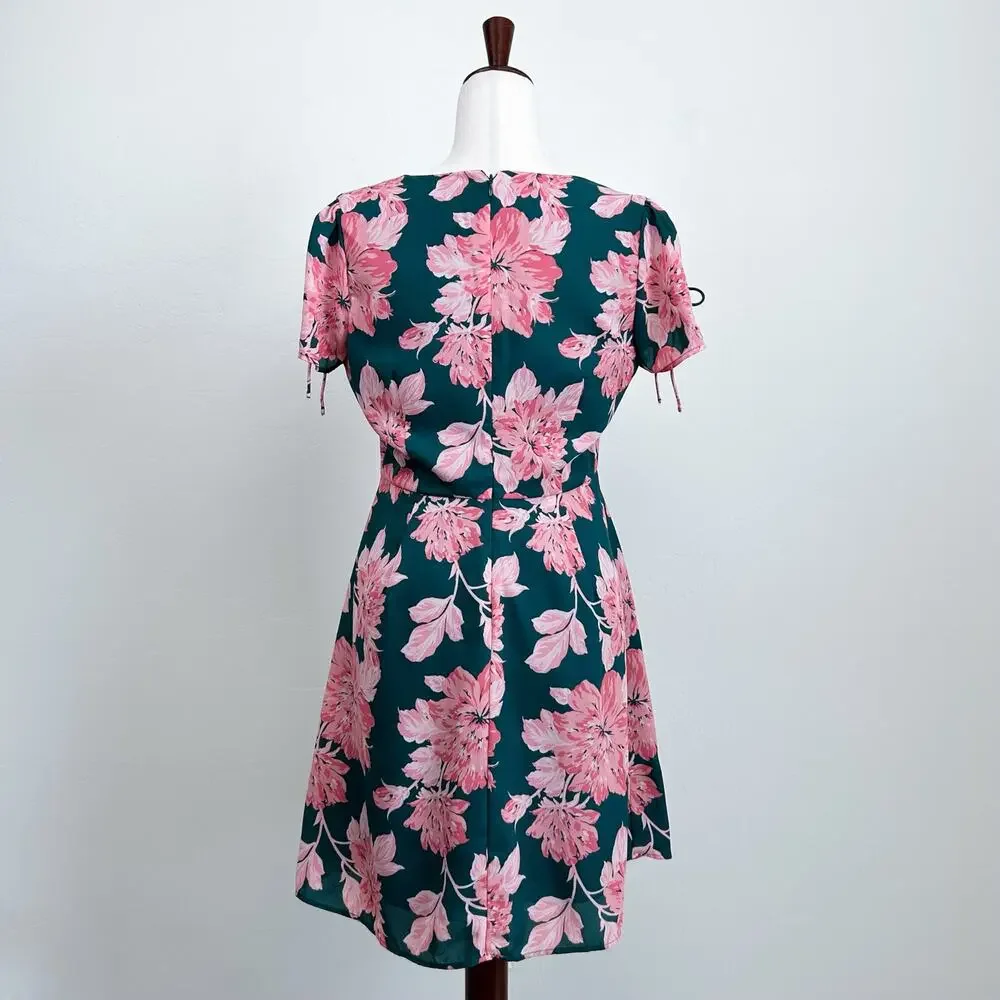 J. Crew Green Spring Pink Floral Short Sleeve V-Neck A-Line Mini Dress SIZE 4